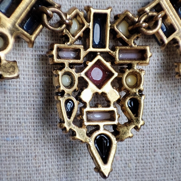 J. Crew Art Deco Revival Brass Tone Necklace Lifesaver Clasp Navy Lavender EUC - Picture 7 of 10